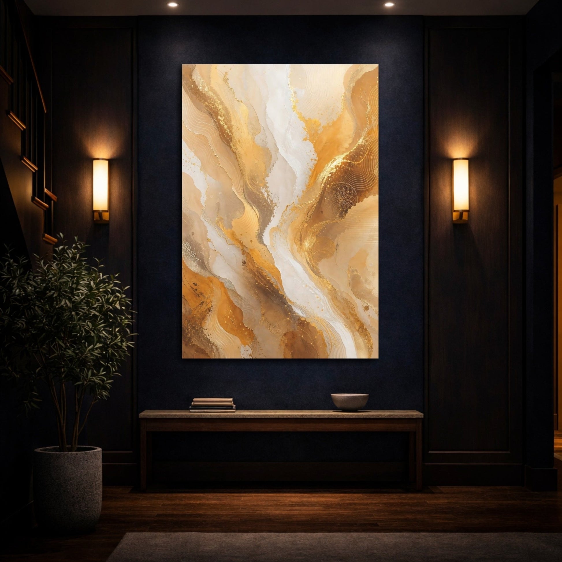Abstract Golden Fluid Gold And White Canvas Wall Art Print – Living Room, Above Fireplace - YesArtYes