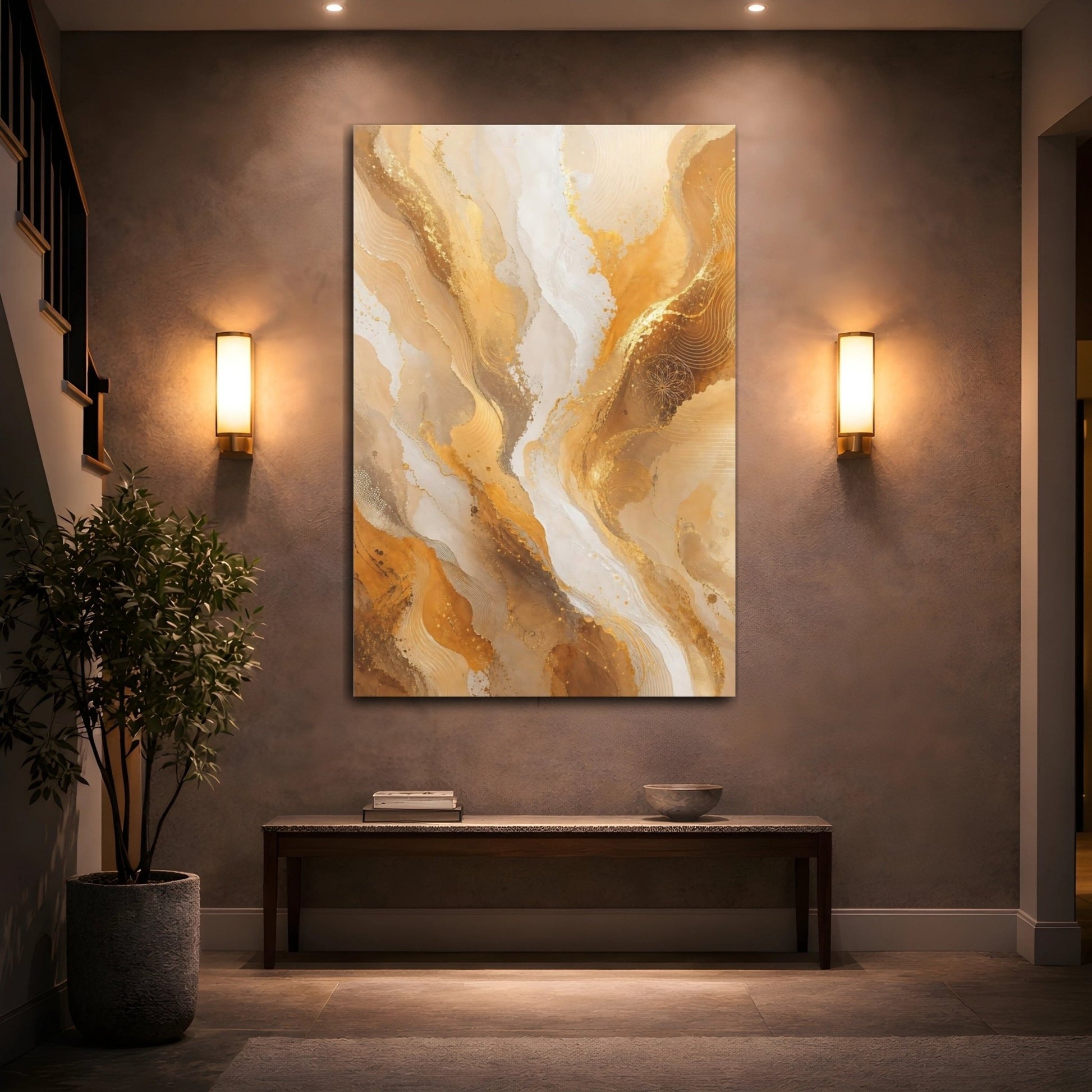 Abstract Golden Fluid Gold And White Canvas Wall Art Print – Living Room, Above Fireplace - YesArtYes