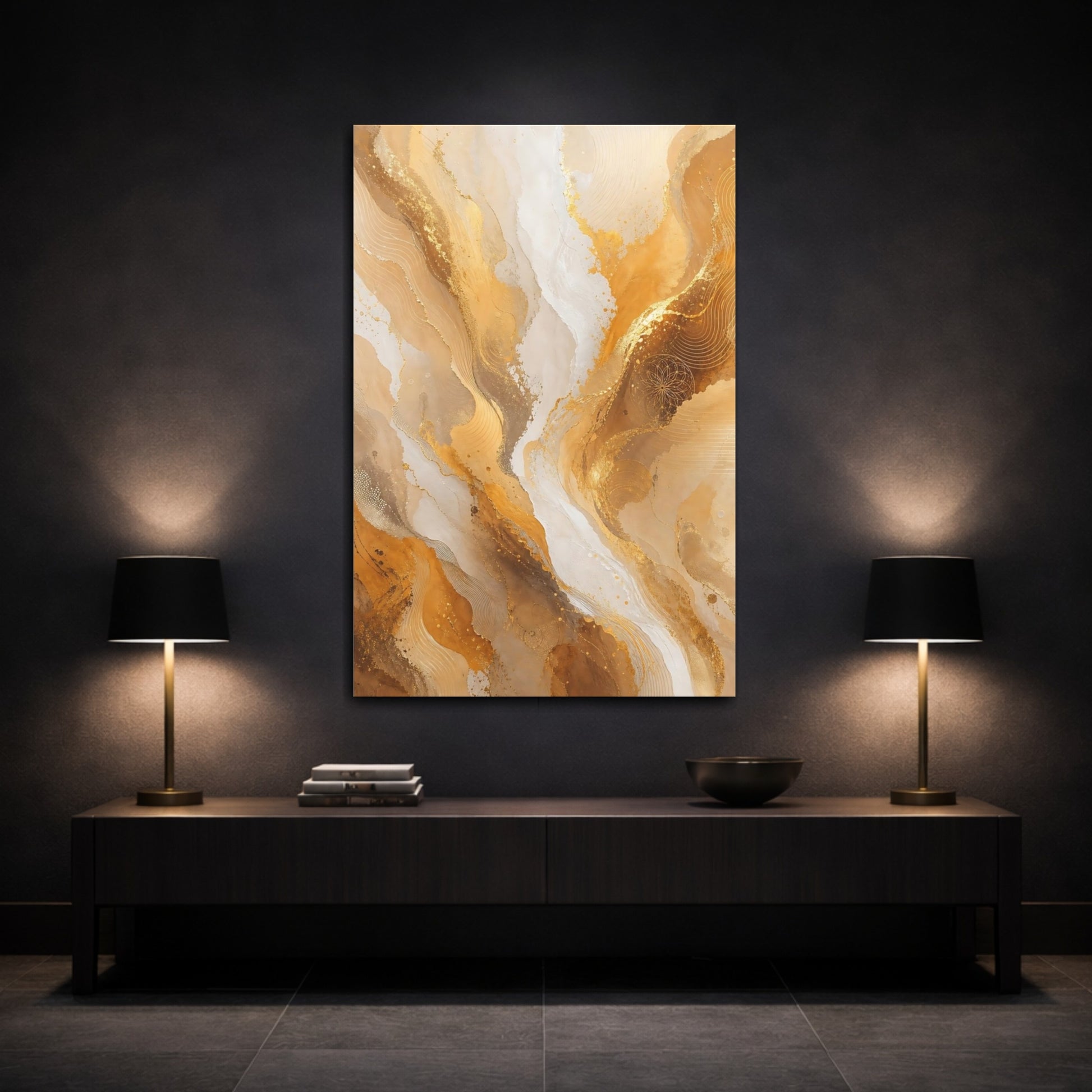 Mockup 3. Abstract Golden Fluid Gold And White shown as stretched canvas wall art