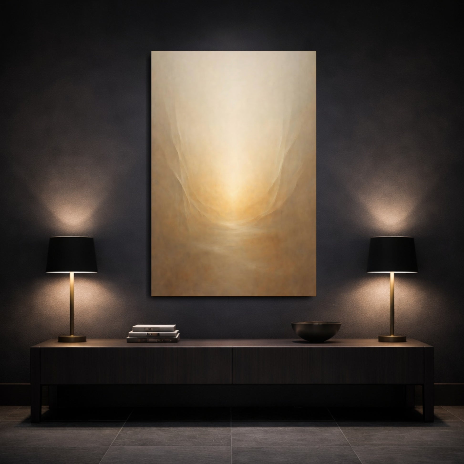 Mockup 2. Abstract Golden Glow Golden Abstract shown as stretched canvas wall art
