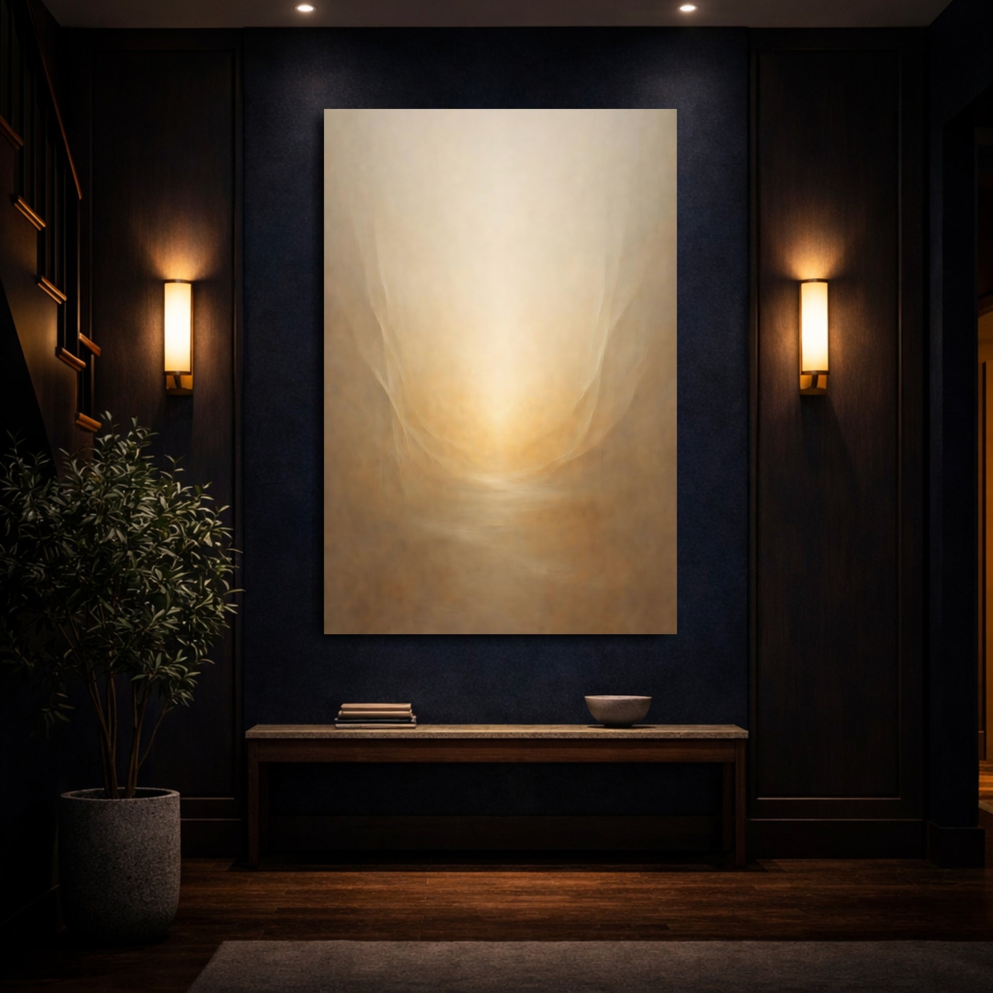 Mockup 3. Abstract Golden Glow Golden Abstract shown as stretched canvas wall art