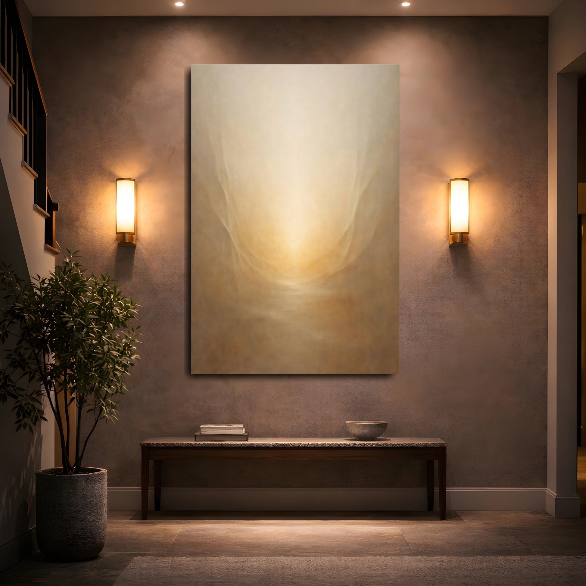 Mockup 4. Abstract Golden Glow Golden Abstract shown as stretched canvas wall art