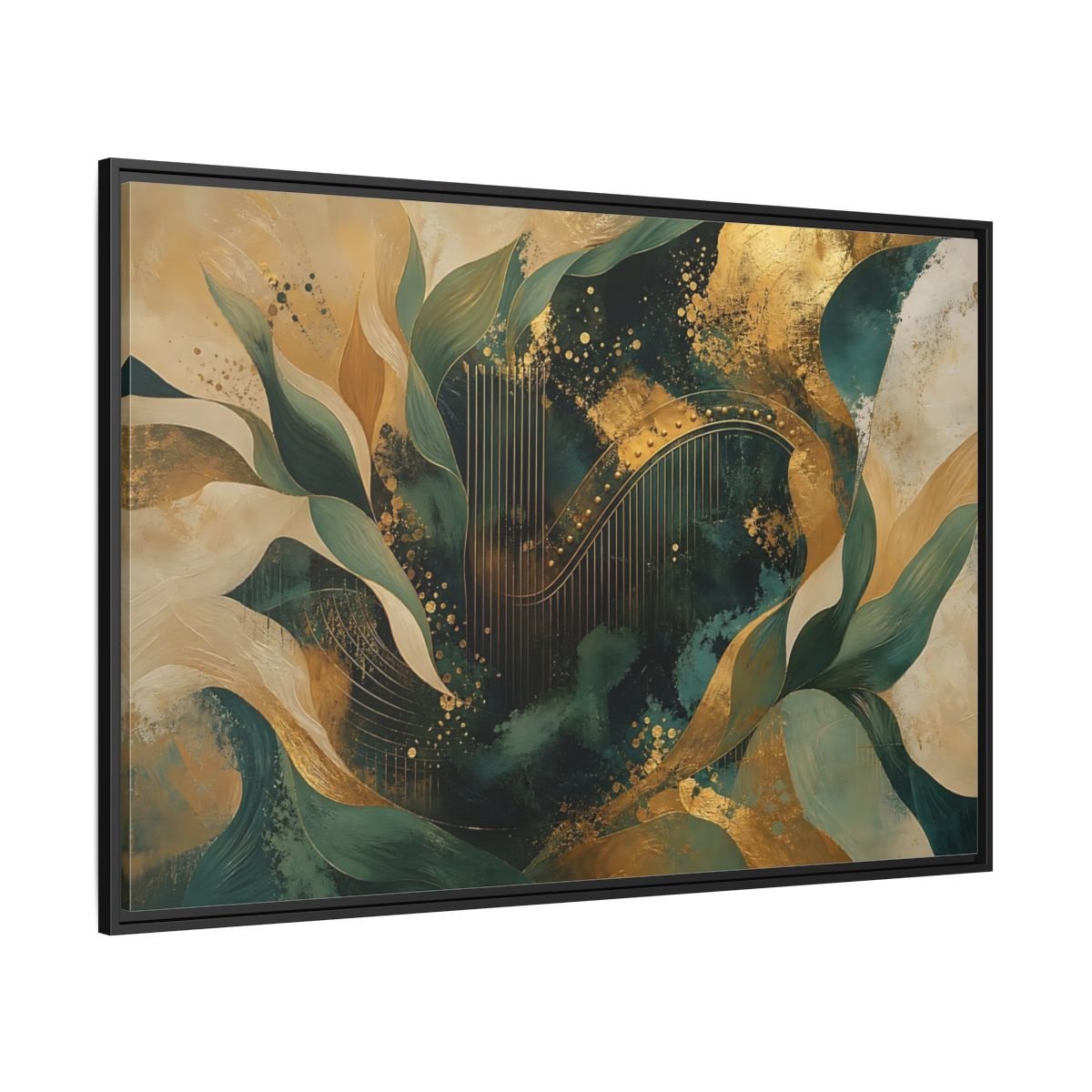 Abstract Golden Harp Emerald Gold Framed Canvas Print – Living Room, Large Wall - YesArtYes
