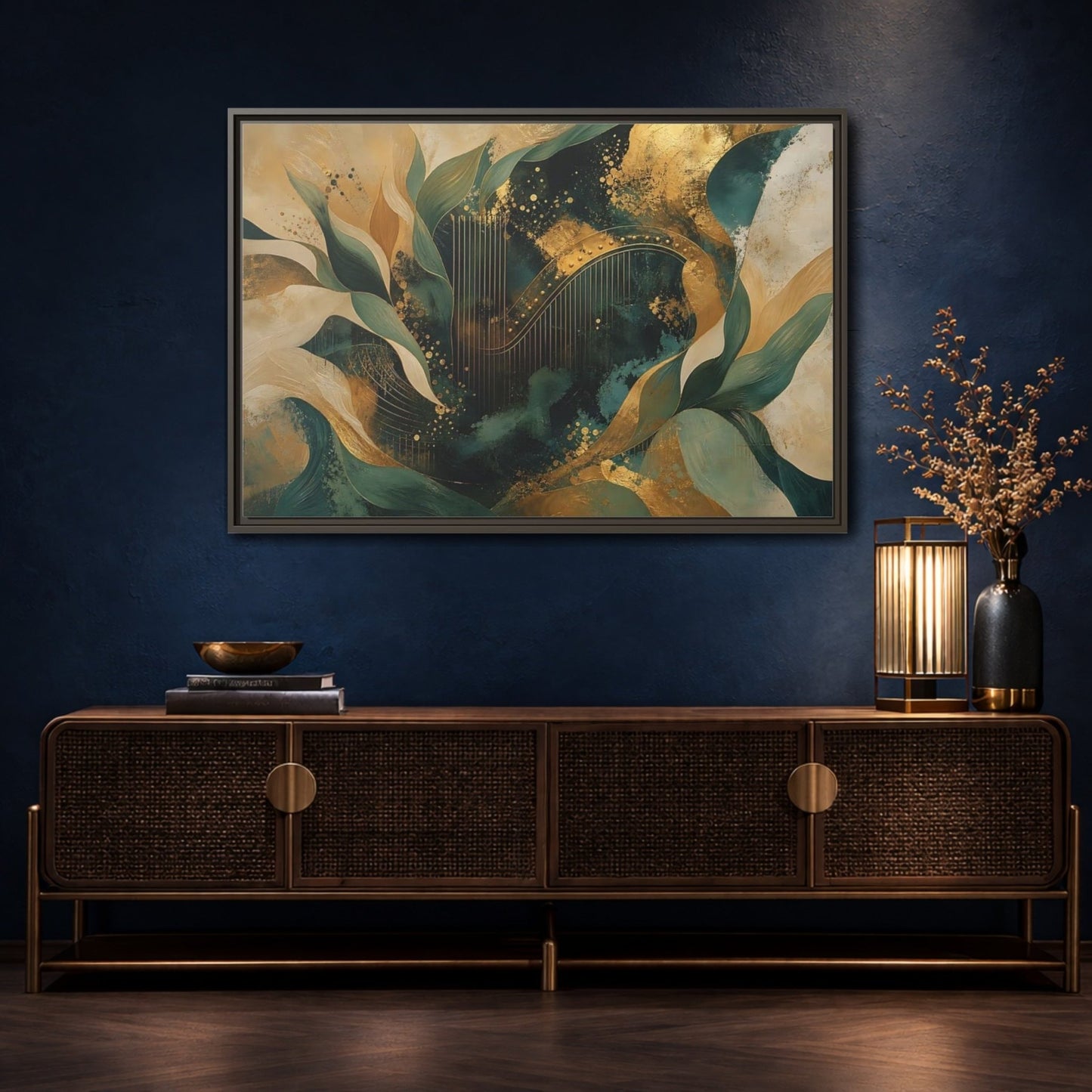 Abstract Golden Harp Emerald Gold Framed Canvas Print – Living Room, Large Wall - YesArtYes