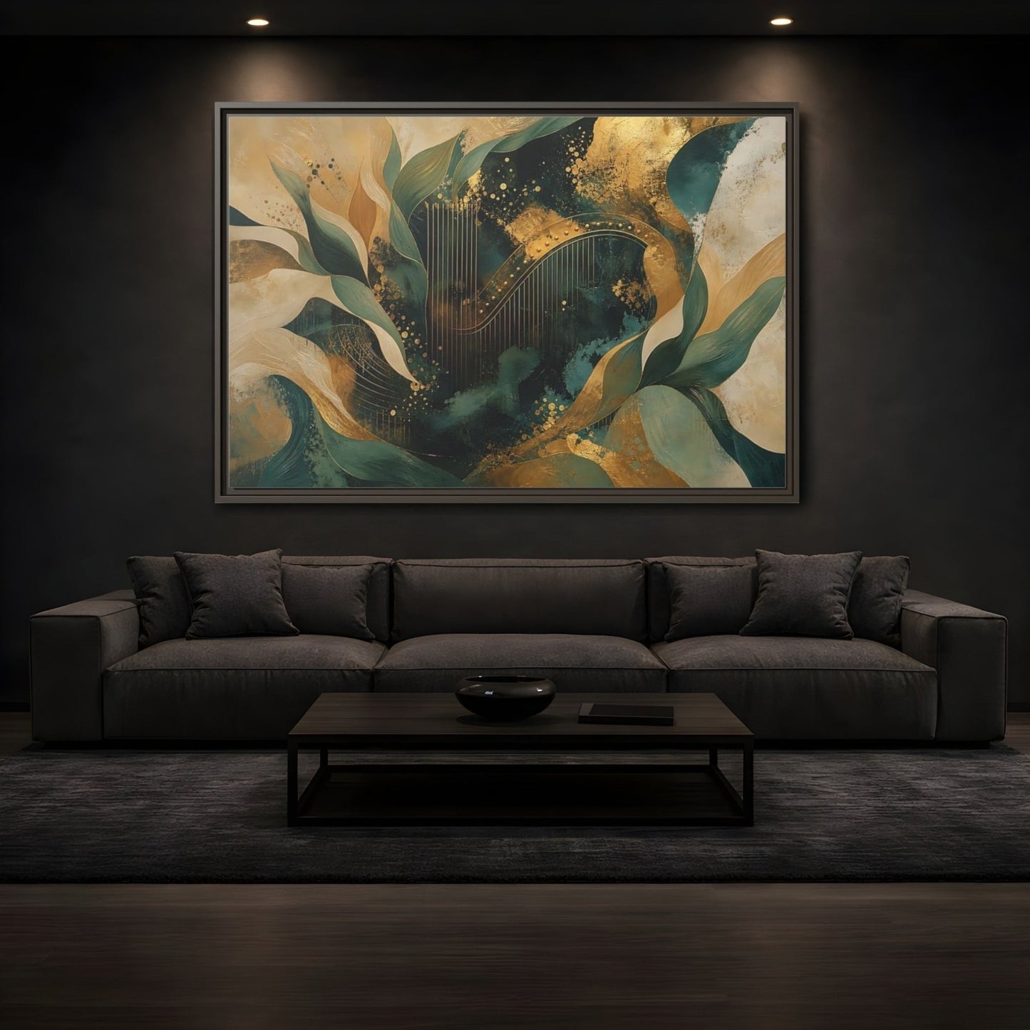 Abstract Golden Harp Emerald Gold Framed Canvas Print – Living Room, Large Wall - YesArtYes