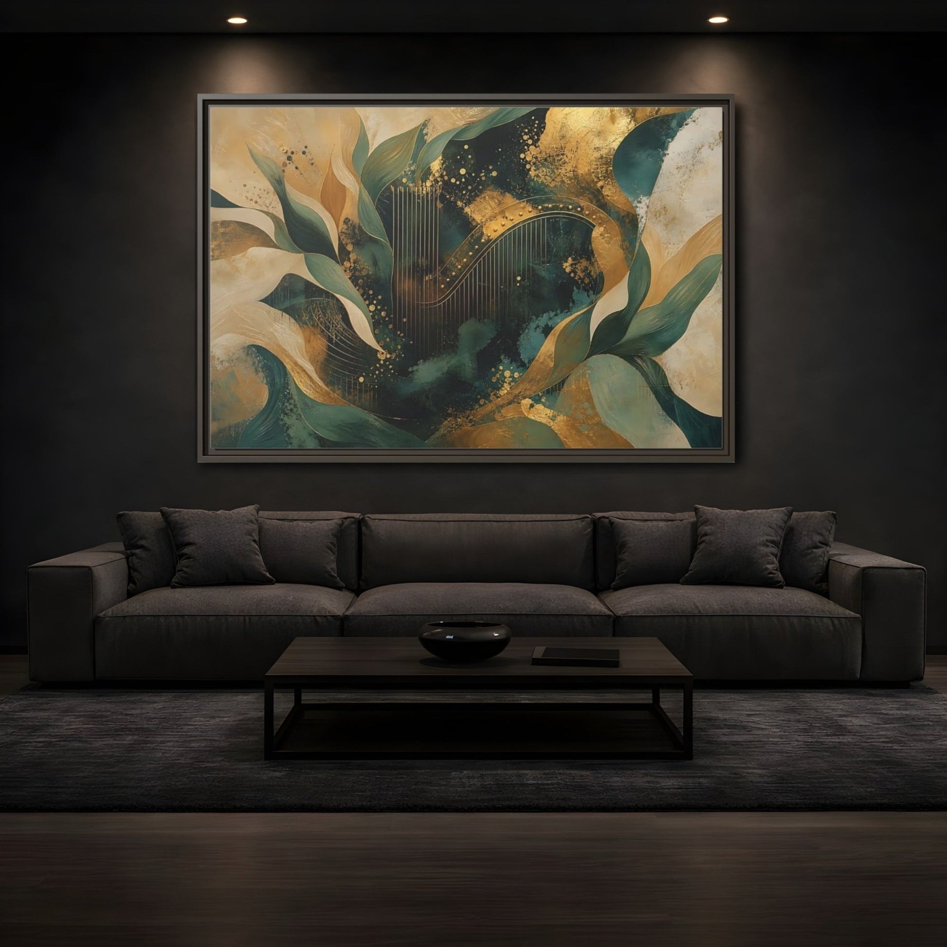 Abstract Golden Harp Emerald Gold Framed Canvas Print – Living Room, Large Wall - YesArtYes