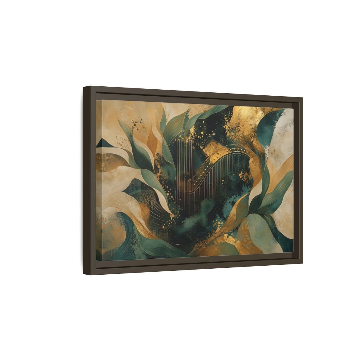 Abstract Golden Harp Emerald Gold Framed Canvas Print – Living Room, Large Wall - YesArtYes