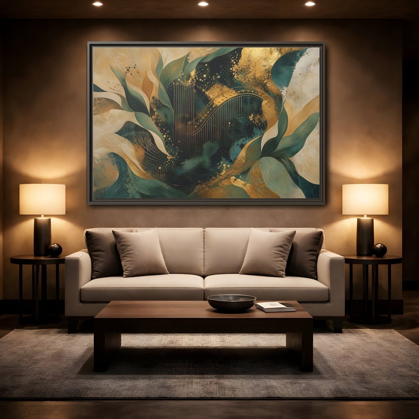 Abstract Golden Harp Emerald Gold Framed Canvas Print – Living Room, Large Wall - YesArtYes