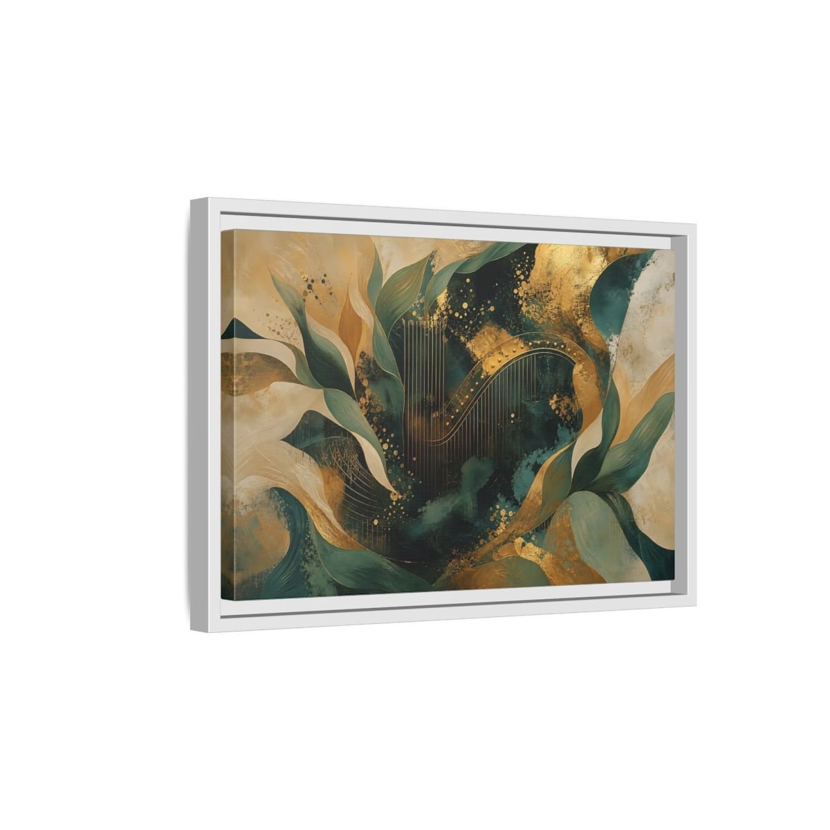 Abstract Golden Harp Emerald Gold Framed Canvas Print – Living Room, Large Wall - YesArtYes