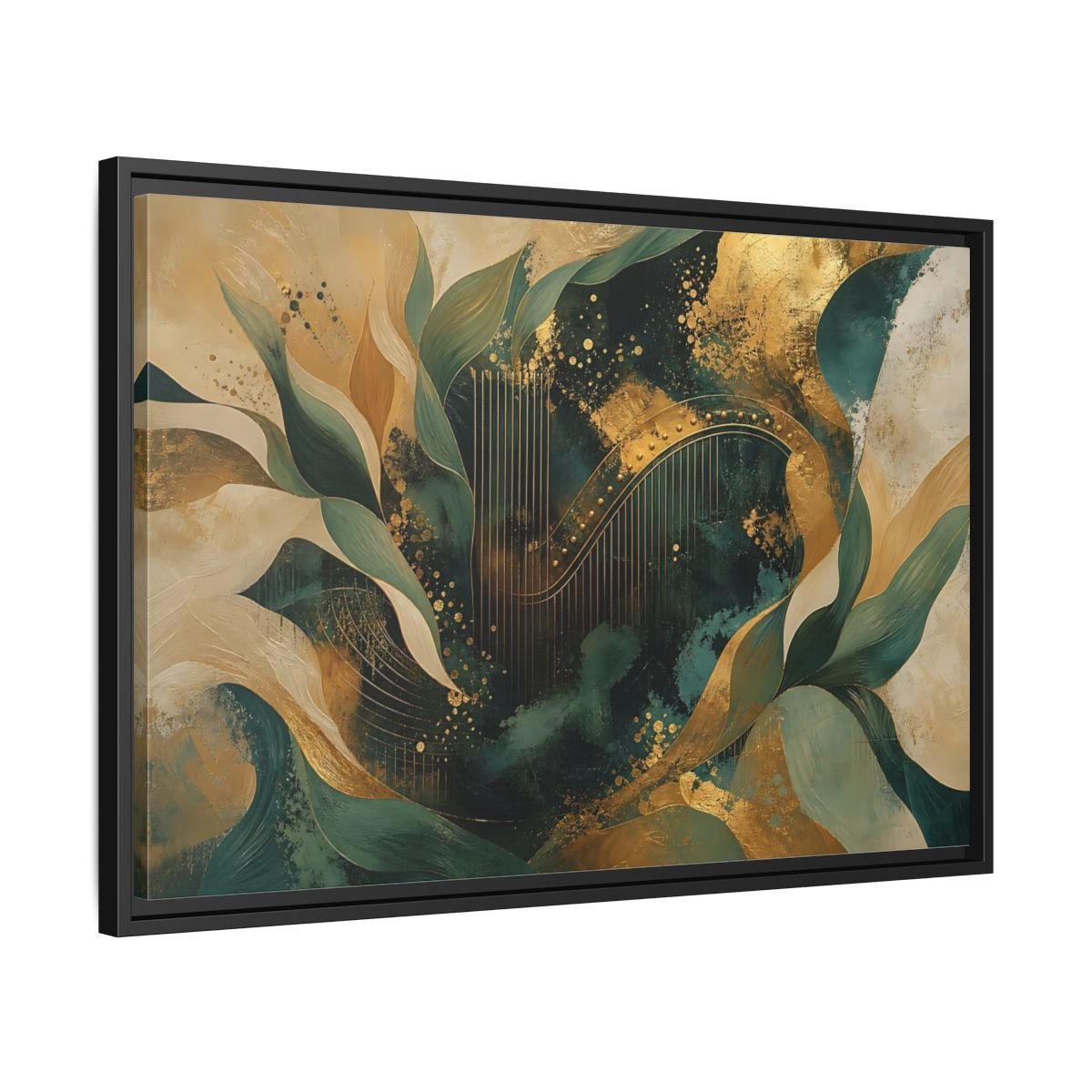 Abstract Golden Harp Emerald Gold Framed Canvas Print – Living Room, Large Wall - YesArtYes