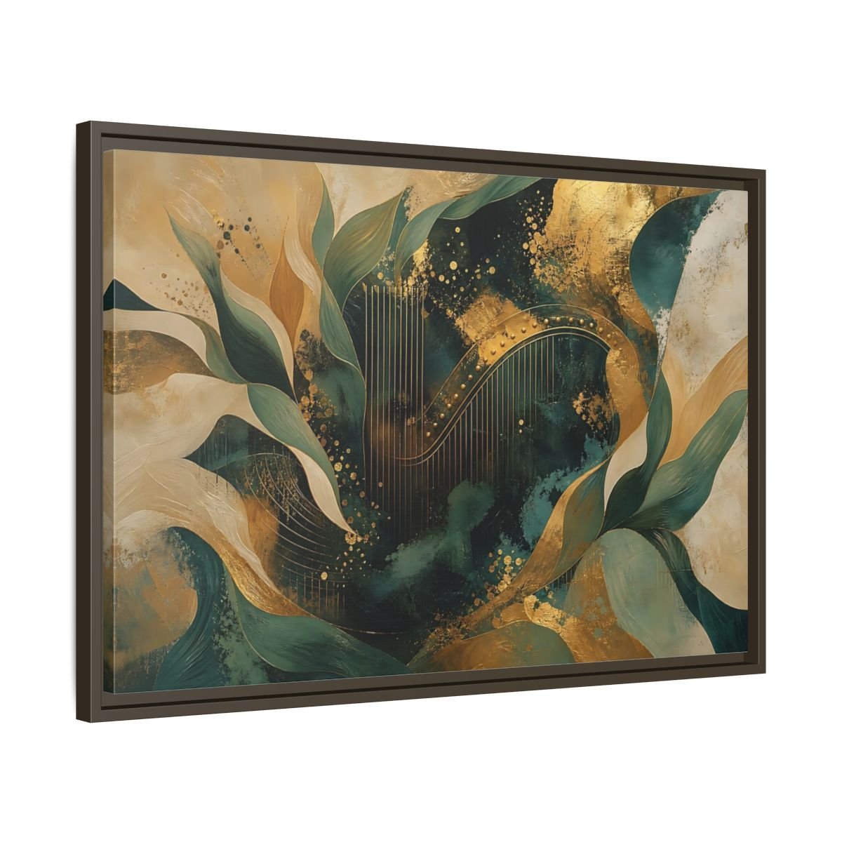 Abstract Golden Harp Emerald Gold Framed Canvas Print – Living Room, Large Wall - YesArtYes