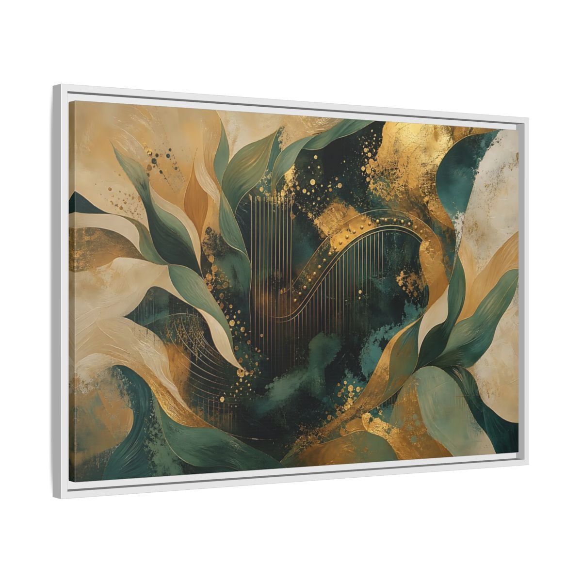 Abstract Golden Harp Emerald Gold Framed Canvas Print – Living Room, Large Wall - YesArtYes