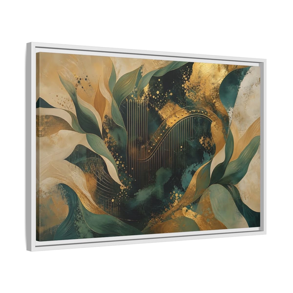 Abstract Golden Harp Emerald Gold Framed Canvas Print – Living Room, Large Wall - YesArtYes