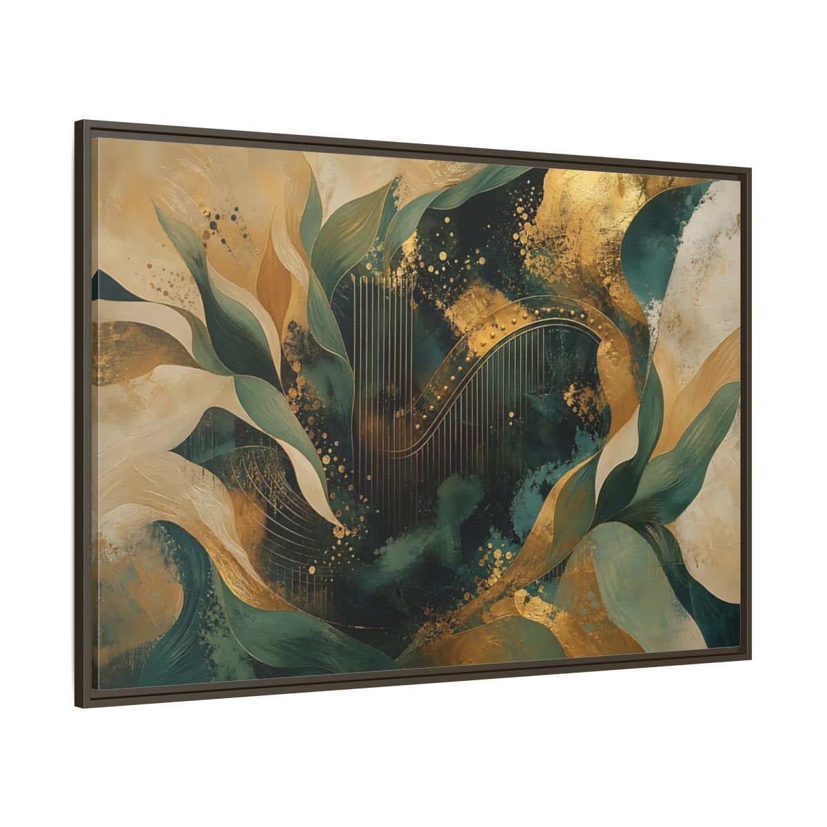 Abstract Golden Harp Emerald Gold Framed Canvas Print – Living Room, Large Wall - YesArtYes