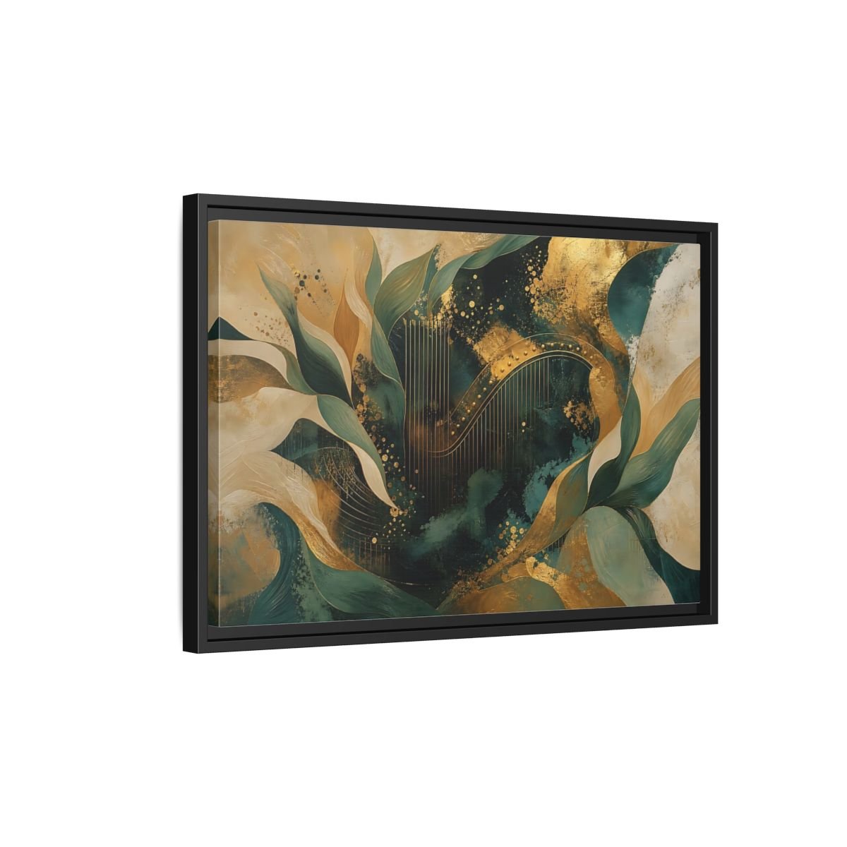 Abstract Golden Harp Emerald Gold Framed Canvas Print – Living Room, Large Wall - YesArtYes
