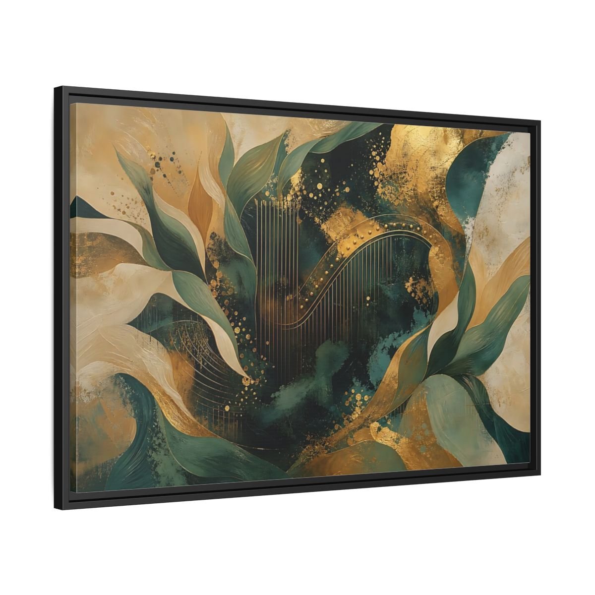Abstract Golden Harp Emerald Gold Framed Canvas Print – Living Room, Large Wall - YesArtYes