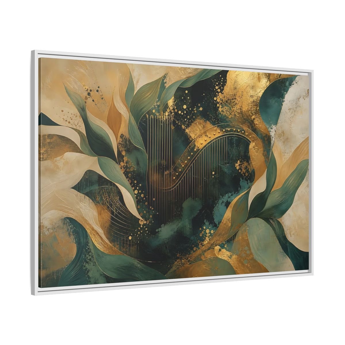 Abstract Golden Harp Emerald Gold Framed Canvas Print – Living Room, Large Wall - YesArtYes