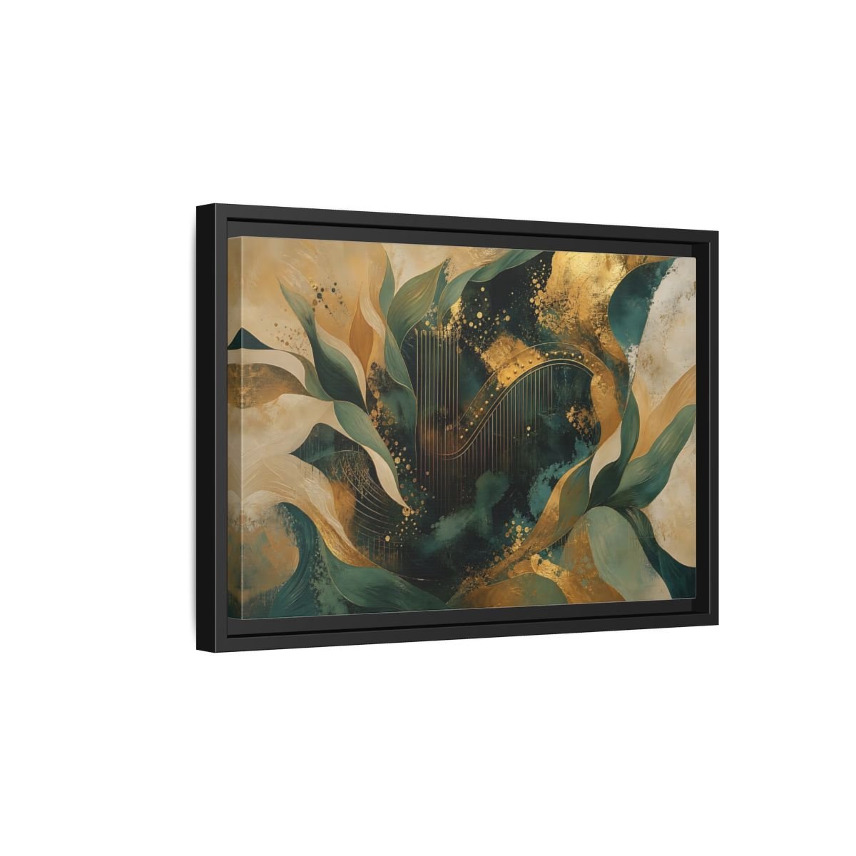 Abstract Golden Harp Emerald Gold Framed Canvas Print – Living Room, Large Wall - YesArtYes