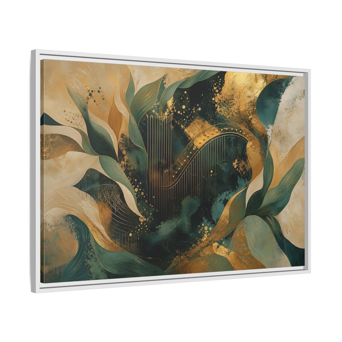Side Mockup 9. Abstract Golden Harp Emerald Gold shown as framed canvas print