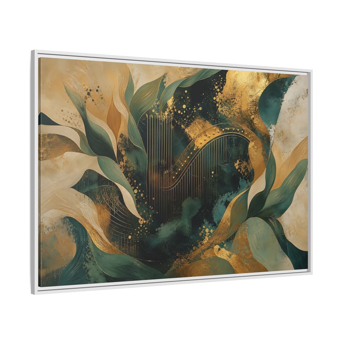 Side Mockup 7. Abstract Golden Harp Emerald Gold shown as framed canvas print