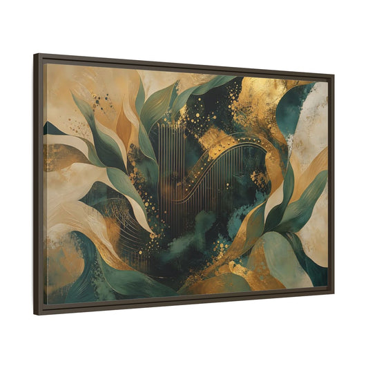 Main Mockup. Abstract Golden Harp Emerald Gold shown as framed canvas print