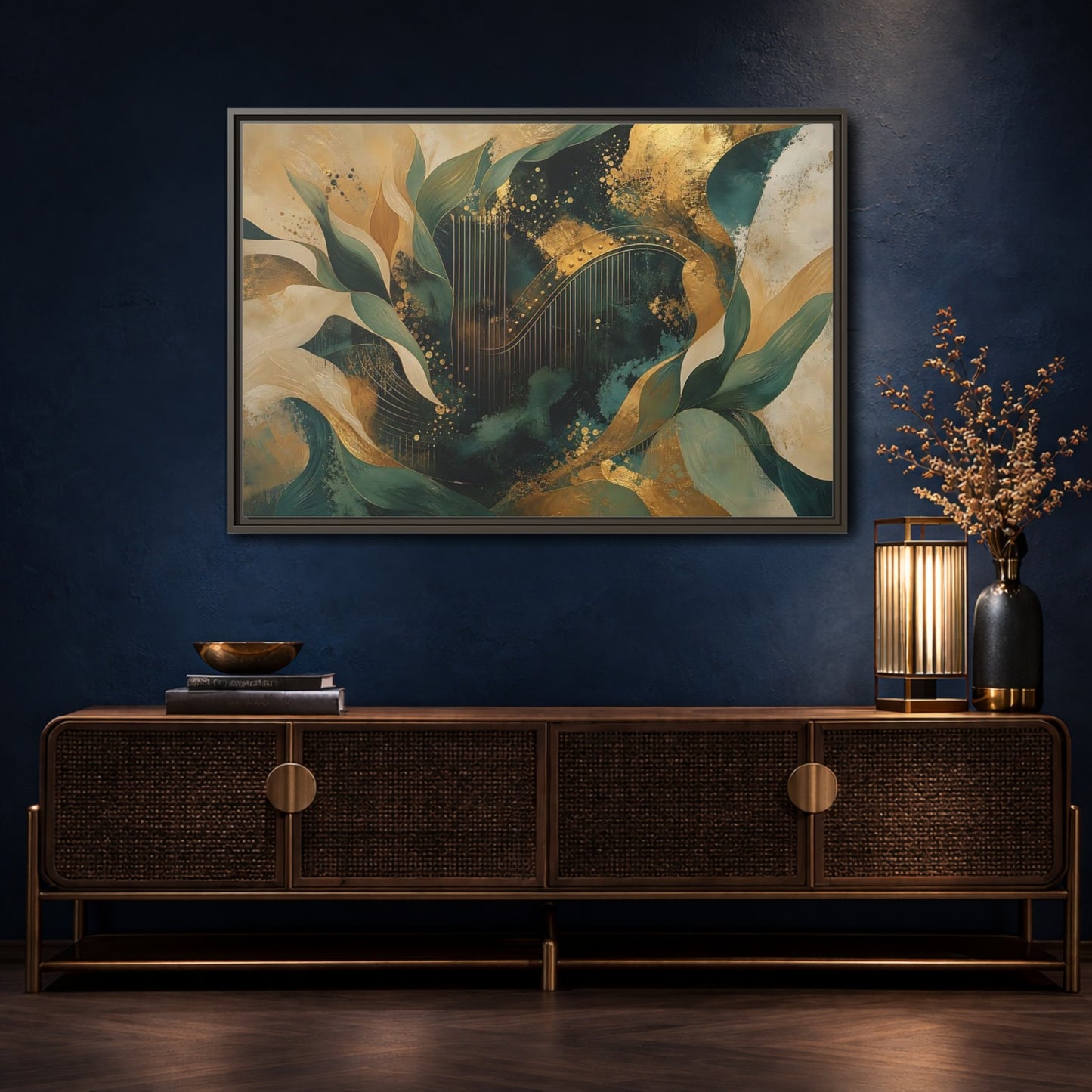 Mockup 4. Abstract Golden Harp Emerald Gold shown as framed canvas print