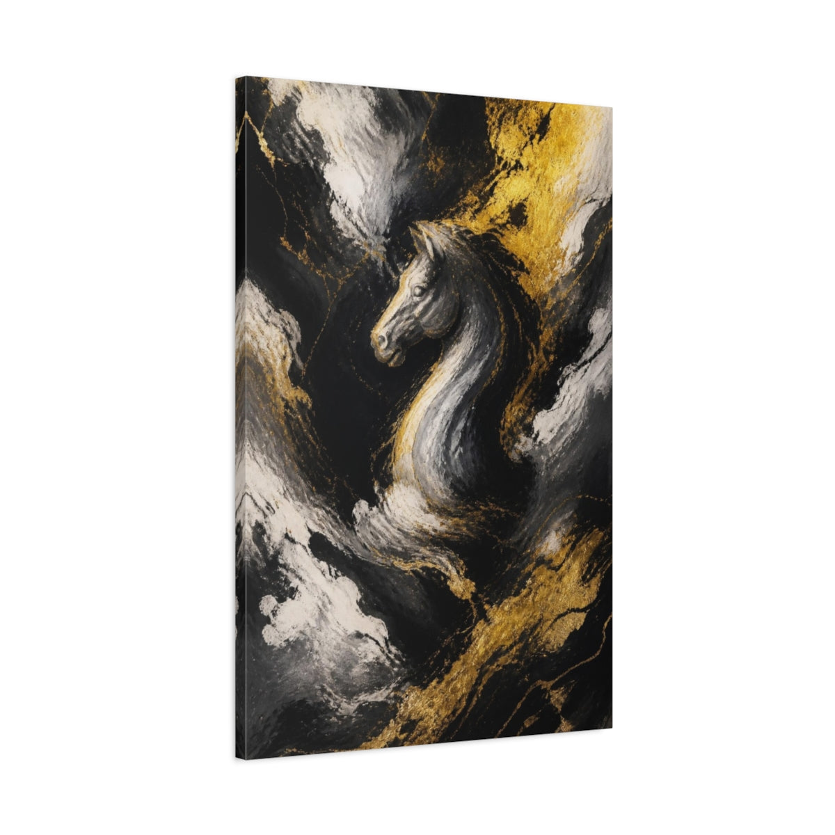 Main Mockup. Abstract Golden Horse Head shown as canvas print