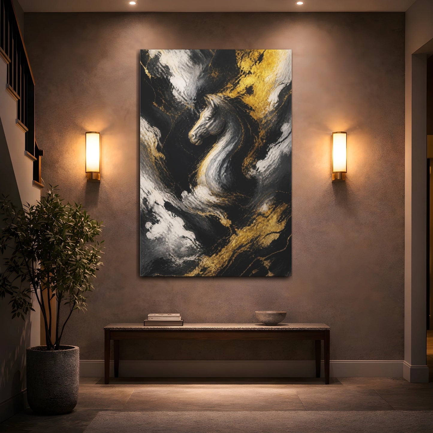 Mockup 2. Abstract Golden Horse Head shown as canvas print
