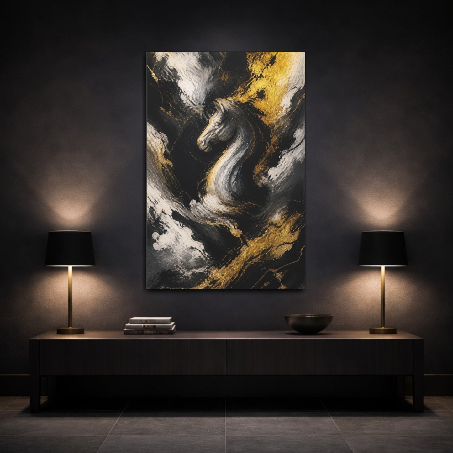 Mockup 3. Abstract Golden Horse Head shown as canvas print