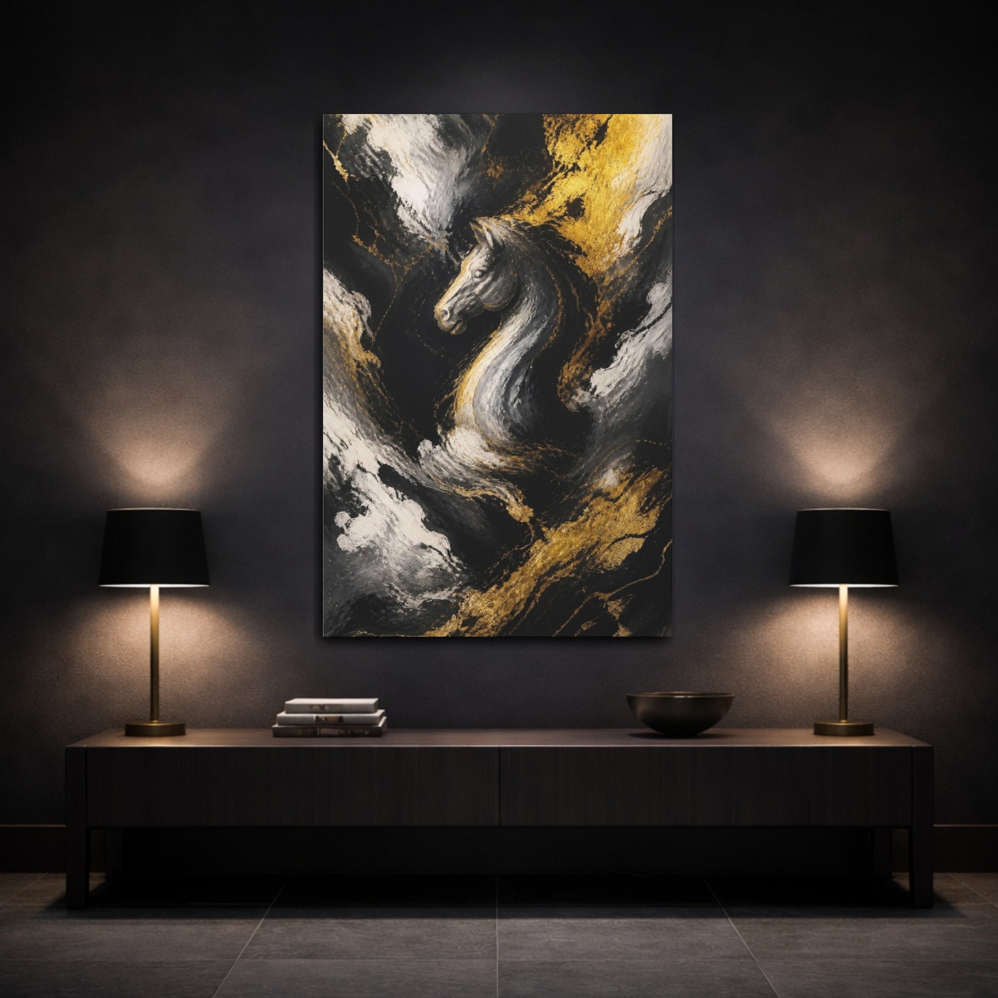 Mockup 3. Abstract Golden Horse Head shown as canvas print