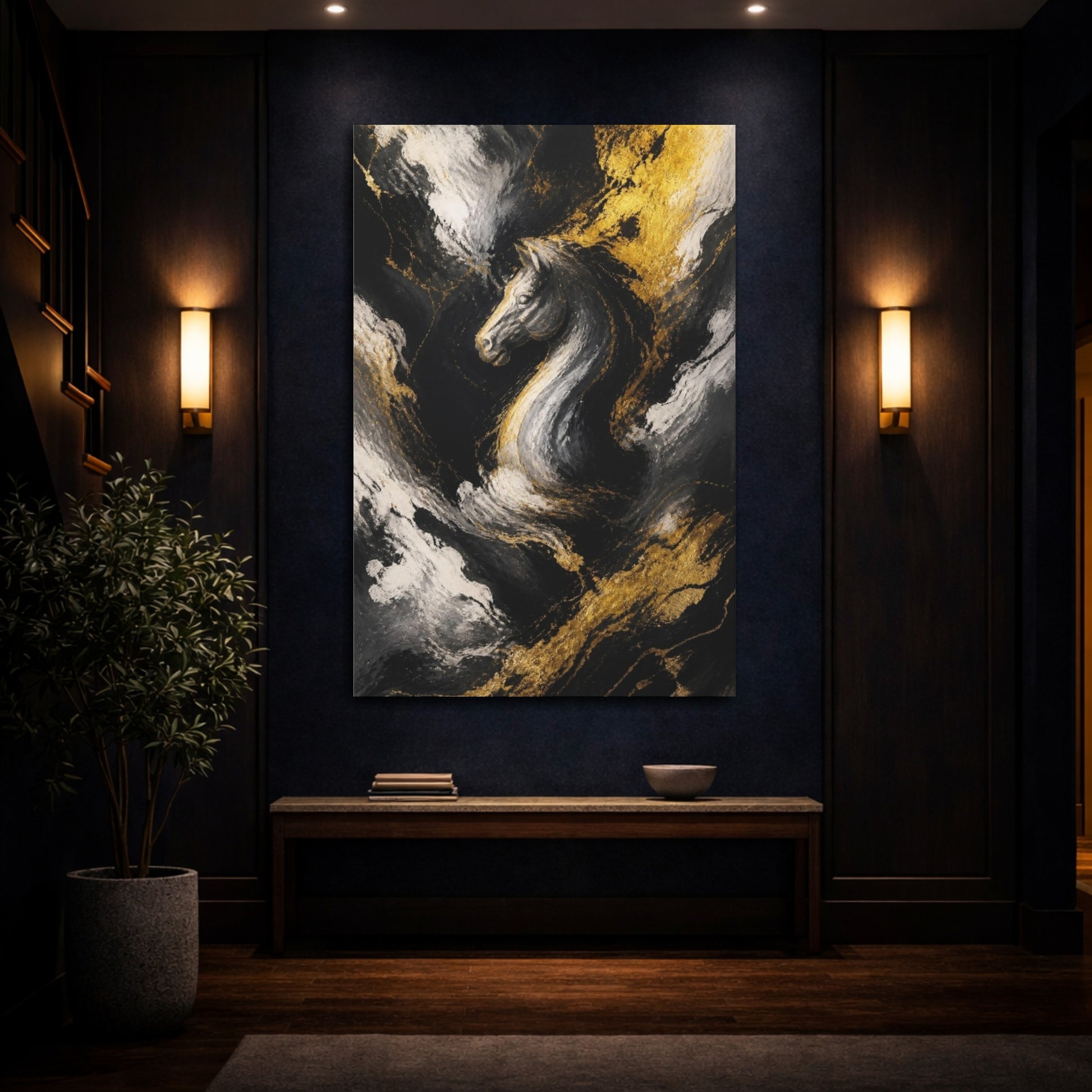 Mockup 4. Abstract Golden Horse Head shown as canvas print
