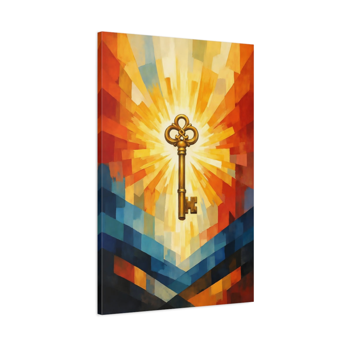 Side Mockup 1. Abstract Golden Key Golden Key Art shown as stretched canvas wall art