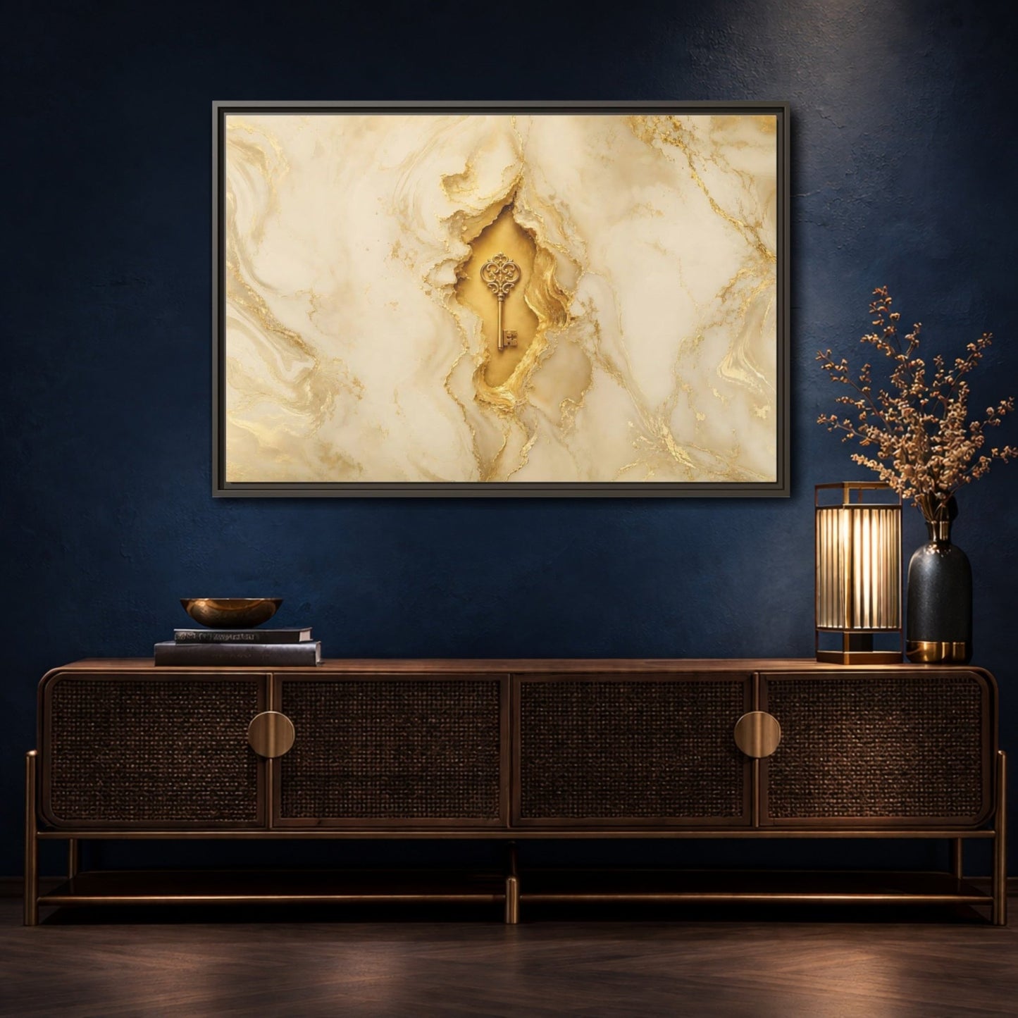 Abstract Golden Key Gold Marble Framed Canvas Print – Luxury Living Room, Above Couch - YesArtYes