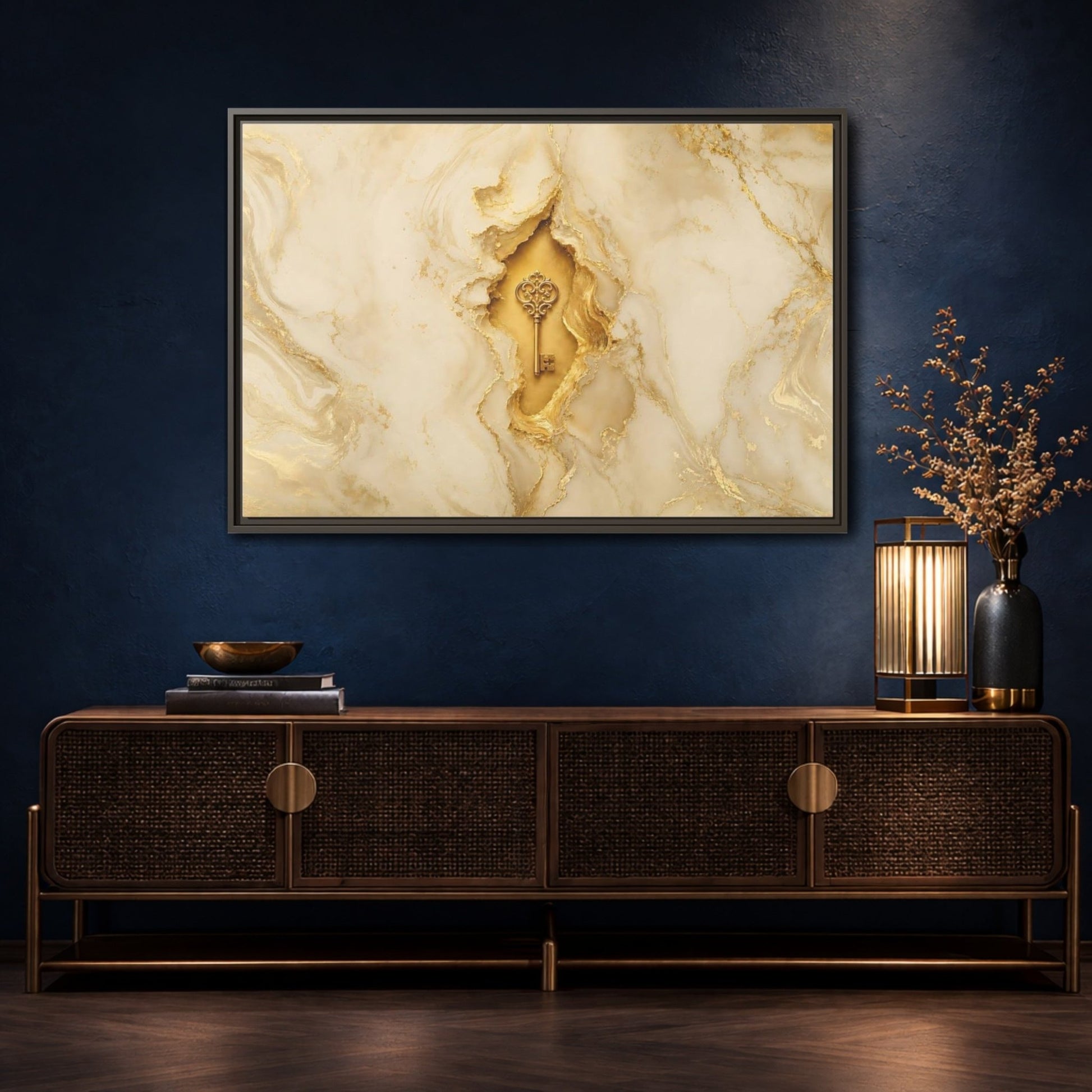Abstract Golden Key Gold Marble Framed Canvas Print – Luxury Living Room, Above Couch - YesArtYes