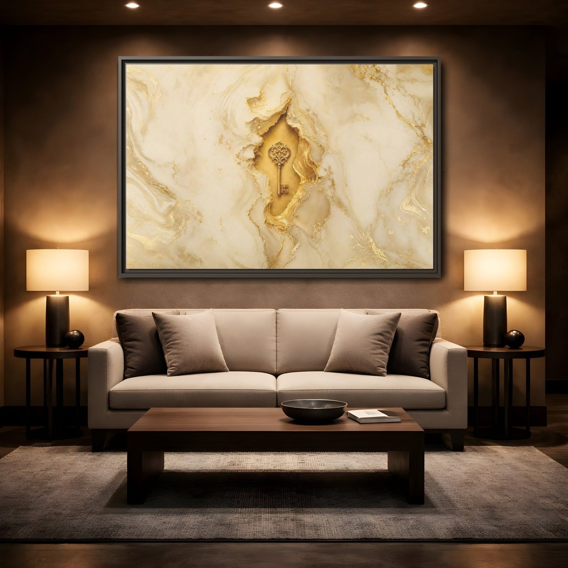 Abstract Golden Key Gold Marble Framed Canvas Print – Luxury Living Room, Above Couch - YesArtYes