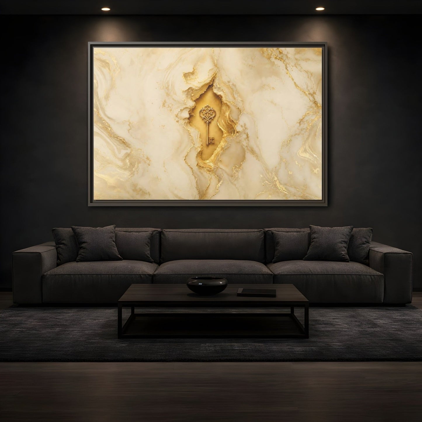 Abstract Golden Key Gold Marble Framed Canvas Print – Luxury Living Room, Above Couch - YesArtYes