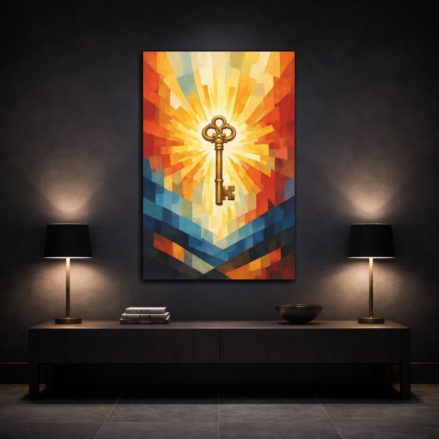 Mockup 2. Abstract Golden Key Golden Key Art shown as stretched canvas wall art