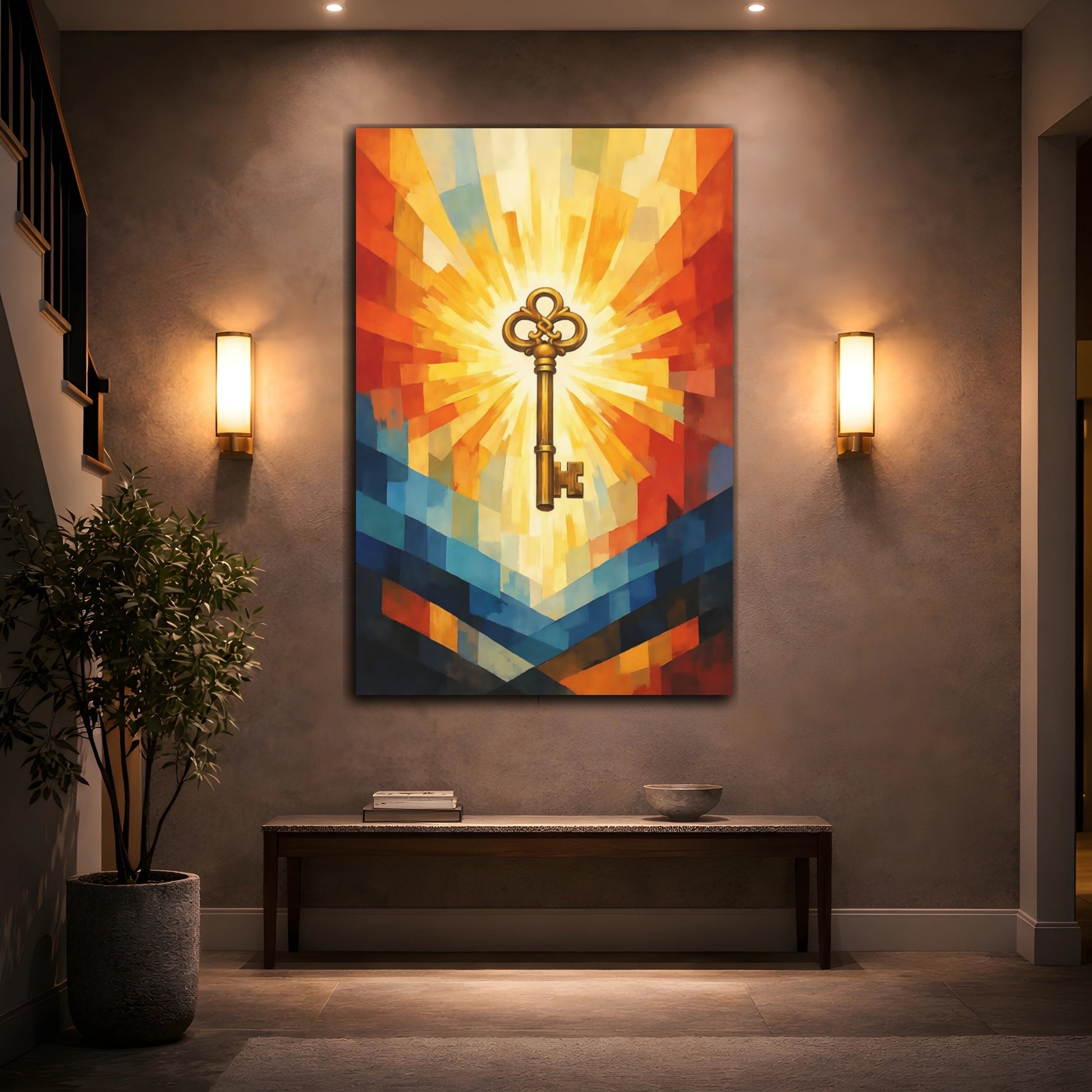 Mockup 3. Abstract Golden Key Golden Key Art shown as stretched canvas wall art