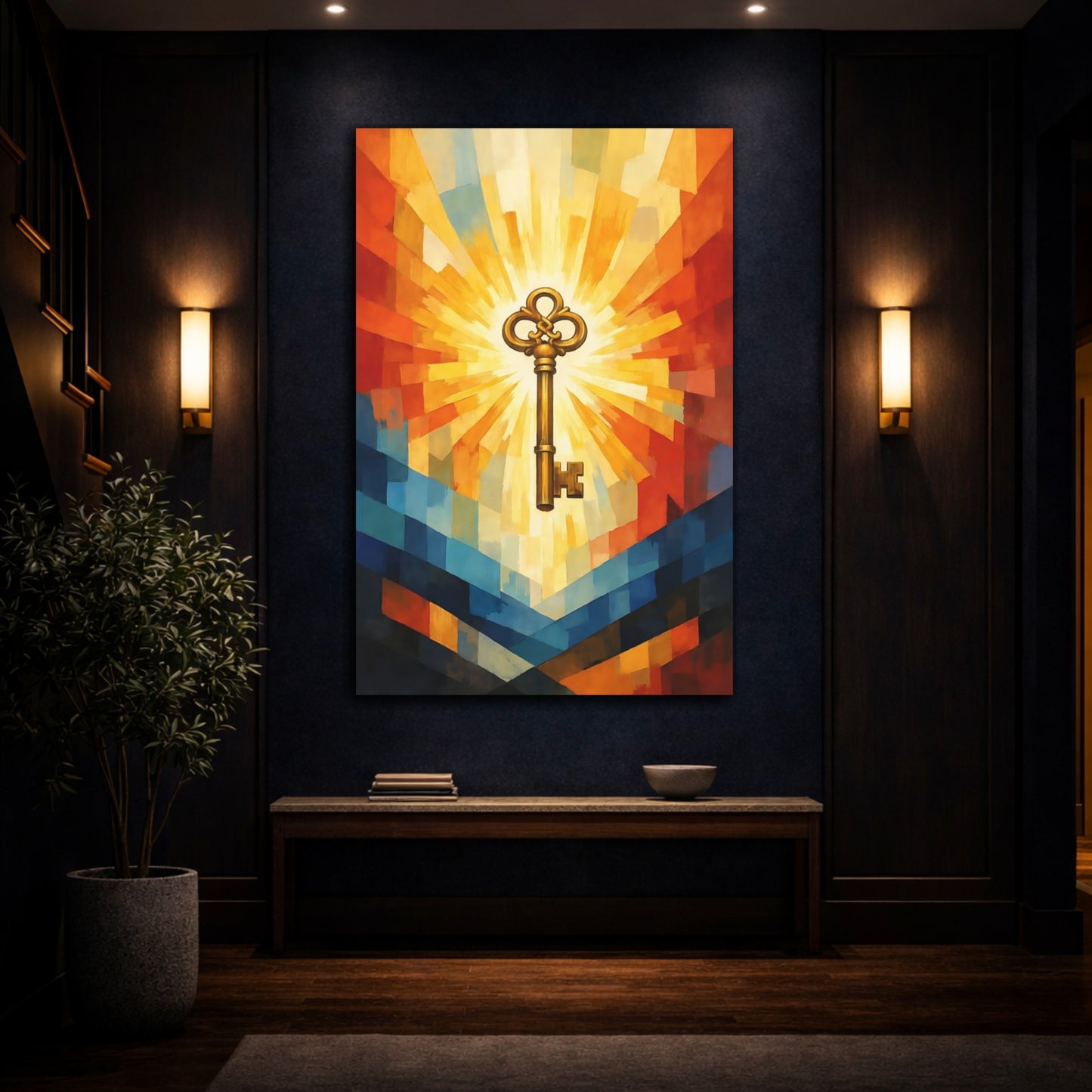 Mockup 4. Abstract Golden Key Golden Key Art shown as stretched canvas wall art