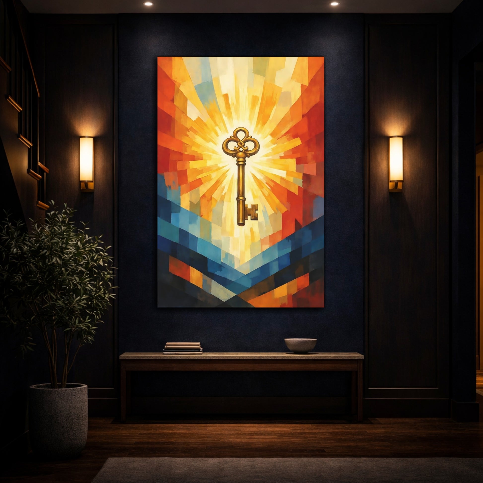 Mockup 4. Abstract Golden Key Golden Key Art shown as stretched canvas wall art
