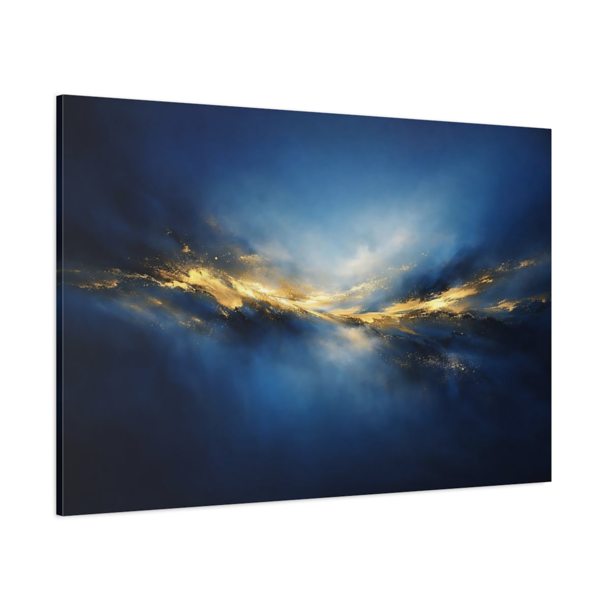Main Mockup. Abstract Golden Light Blue And Gold Abstract shown as stretched canvas wall art
