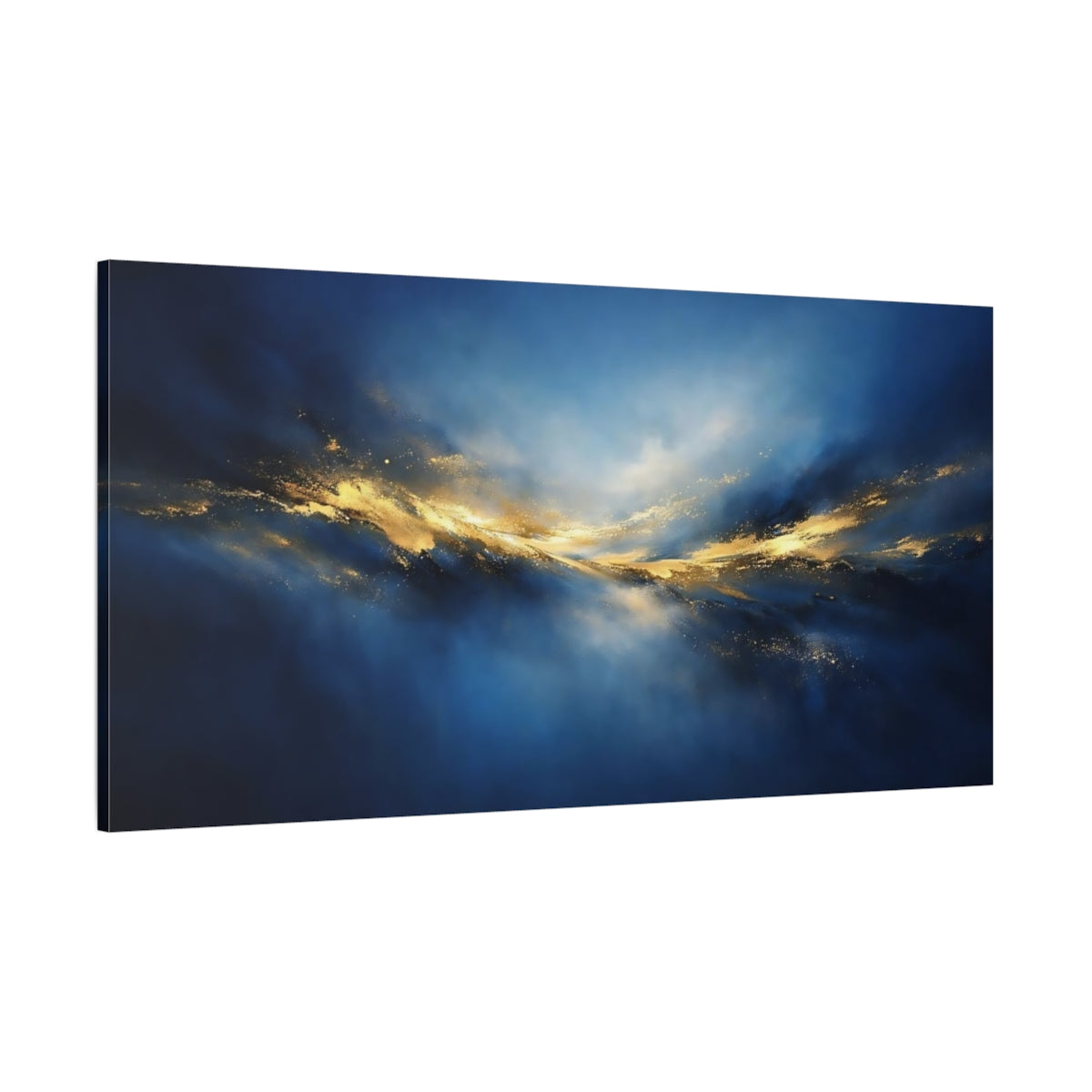 Main Mockup. Abstract Golden Light Blue And Gold Abstract shown as stretched canvas wall art