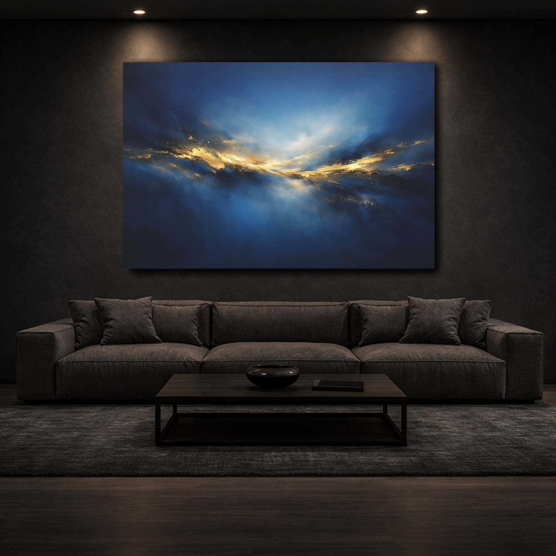 Mockup 2. Abstract Golden Light Blue And Gold Abstract shown as stretched canvas wall art