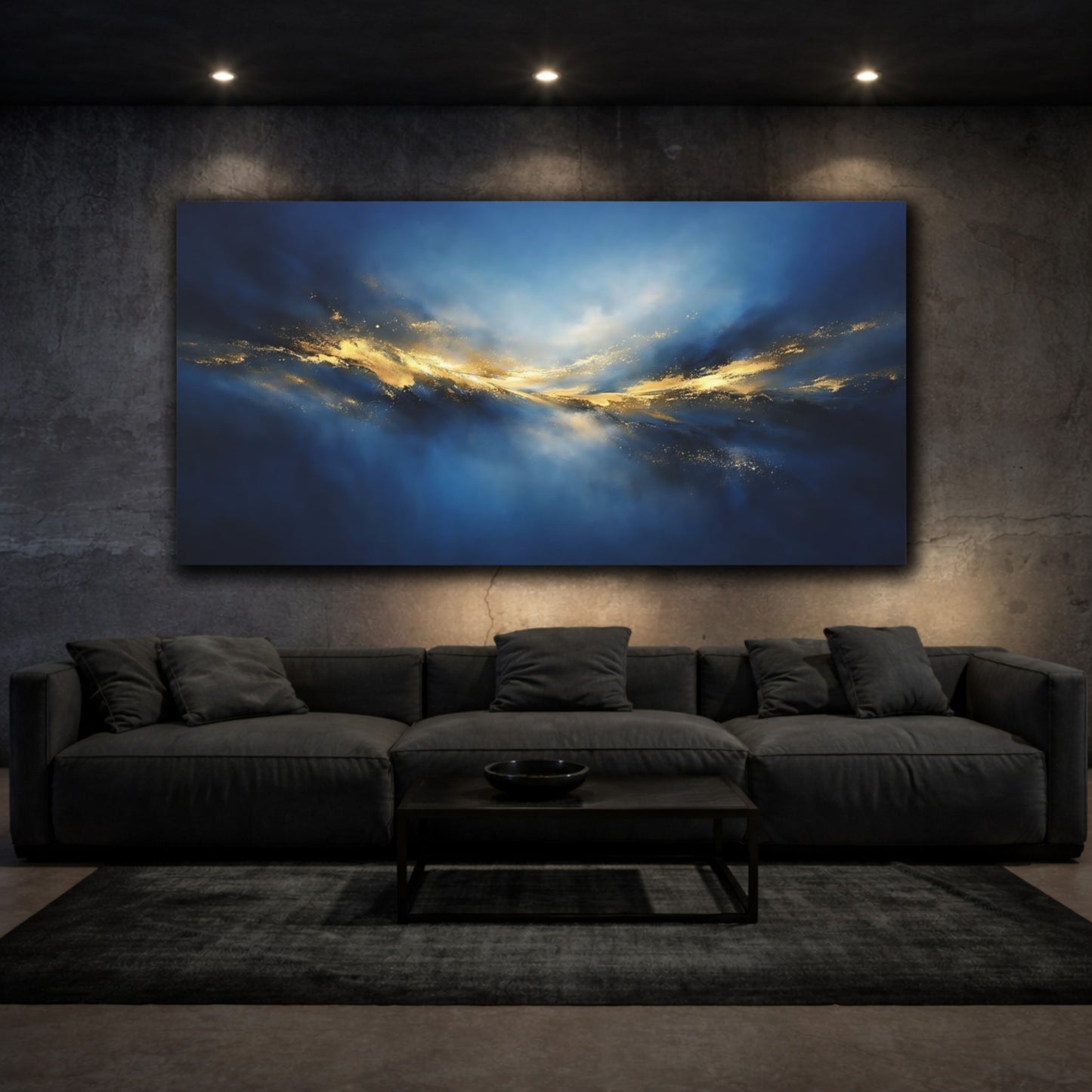 Mockup 2. Abstract Golden Light Blue And Gold Abstract shown as stretched canvas wall art