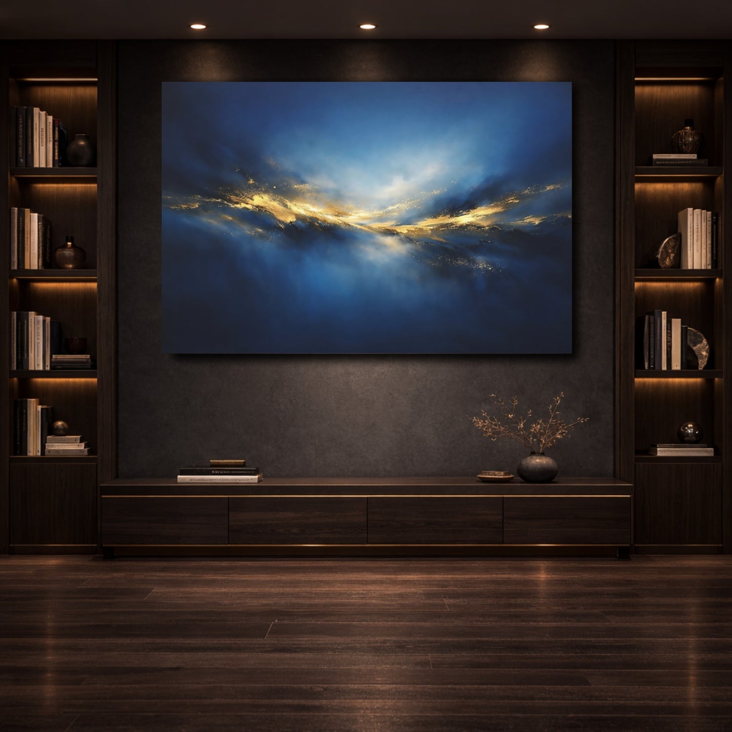 Mockup 3. Abstract Golden Light Blue And Gold Abstract shown as stretched canvas wall art