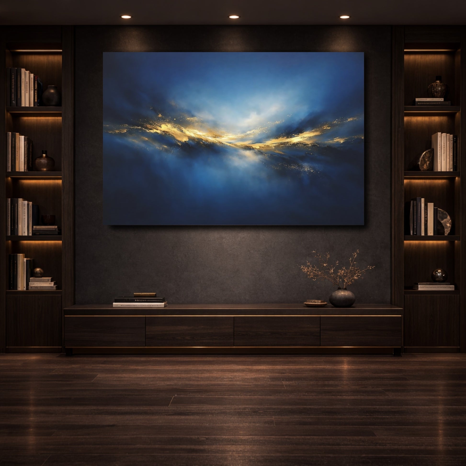 Mockup 3. Abstract Golden Light Blue And Gold Abstract shown as stretched canvas wall art