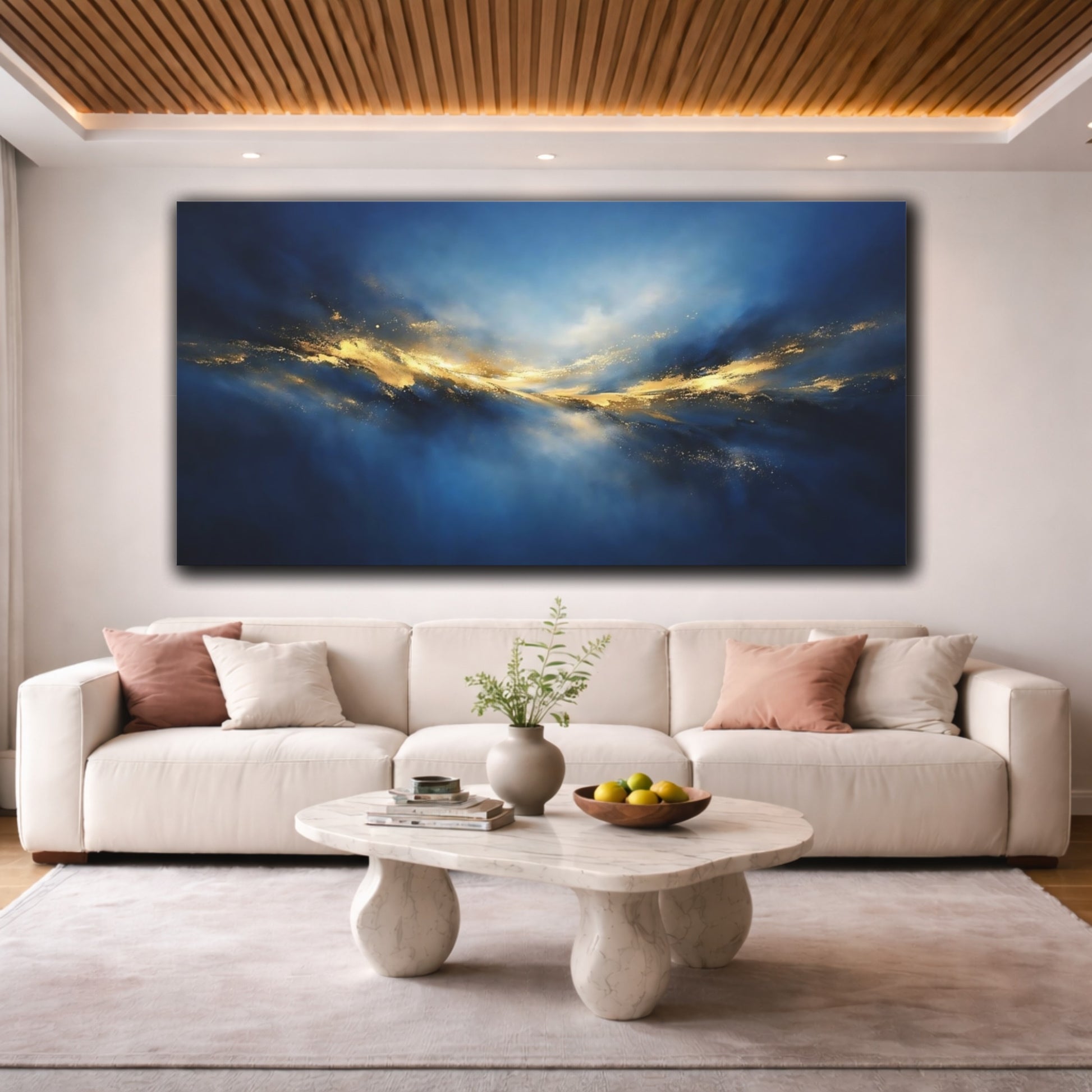 Mockup 3. Abstract Golden Light Blue And Gold Abstract shown as stretched canvas wall art