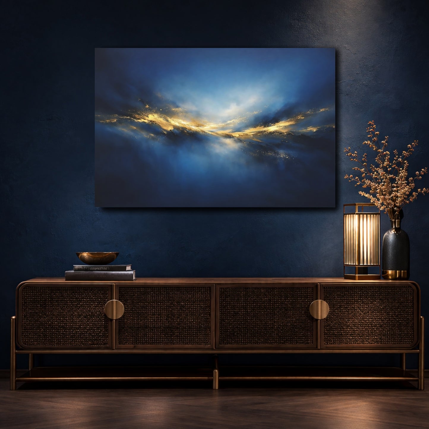 Mockup 4. Abstract Golden Light Blue And Gold Abstract shown as stretched canvas wall art