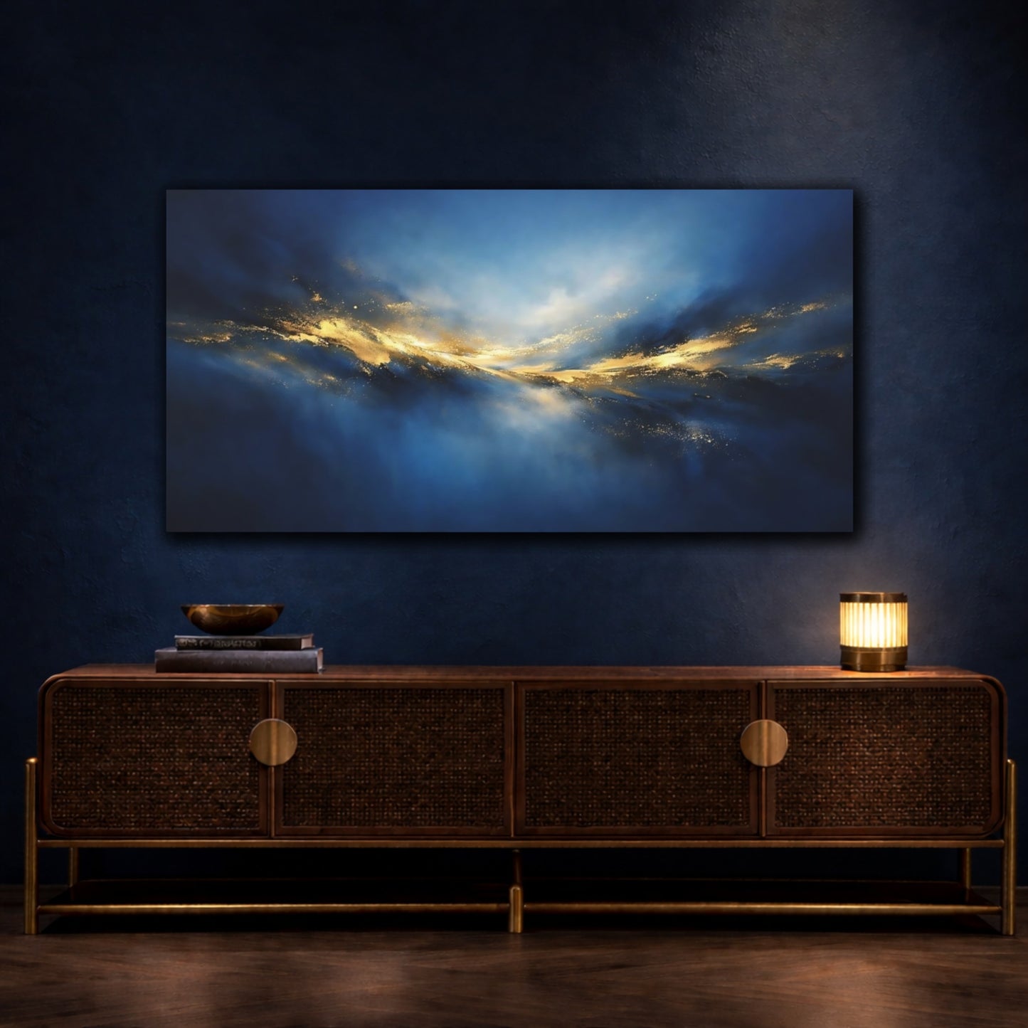 Mockup 4. Abstract Golden Light Blue And Gold Abstract shown as stretched canvas wall art
