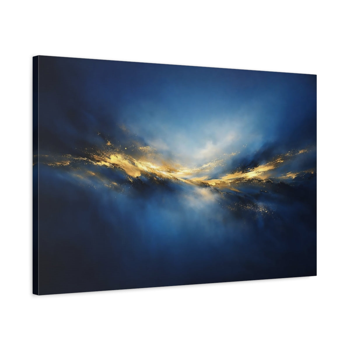 Side Mockup 2. Abstract Golden Light Blue And Gold Abstract shown as stretched canvas wall art